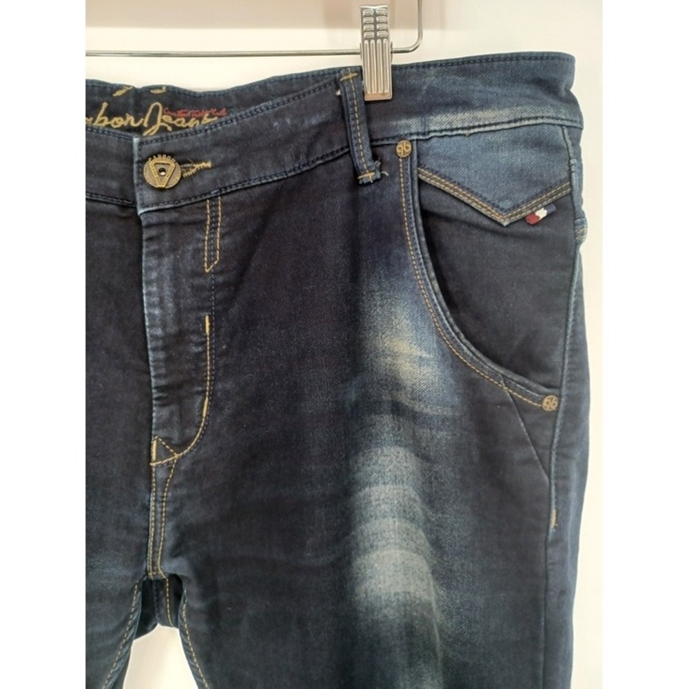 Carbon Slim Fit Jeans Men 40 Low Wasit Dark Wash Blue Whiskered Faded Distressed - Picture 3 of 15
